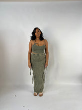 Load image into Gallery viewer, ribbed cargo set, olive green two-piece outfit, crop top and skirt set, matching set for women, curvy fashion, streetwear for Black women, trendy women’s clothing, confident fashion
