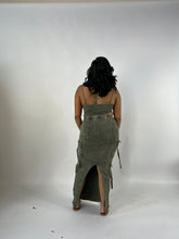 Load image into Gallery viewer, ribbed cargo set, olive green two-piece outfit, crop top and skirt set, matching set for women, curvy fashion, streetwear for Black women, trendy women’s clothing, confident fashion
