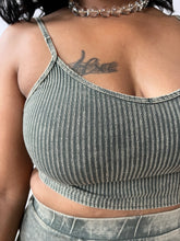 Load image into Gallery viewer, ribbed cargo set, olive green two-piece outfit, crop top and skirt set, matching set for women, curvy fashion, streetwear for Black women, trendy women’s clothing, confident fashion
