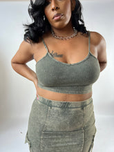 Load image into Gallery viewer, ribbed cargo set, olive green two-piece outfit, crop top and skirt set, matching set for women, curvy fashion, streetwear for Black women, trendy women’s clothing, confident fashion
