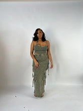 Load image into Gallery viewer, ribbed cargo set, olive green two-piece outfit, crop top and skirt set, matching set for women, curvy fashion, streetwear for Black women, trendy women’s clothing, confident fashion
