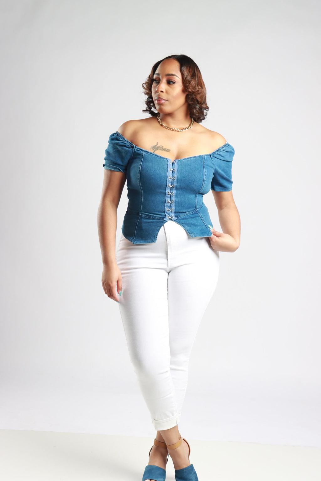 Blue Vested Top, off the shoulders look, denim outerwear,
