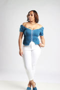 Blue Vested Top, off the shoulders look, denim outerwear,