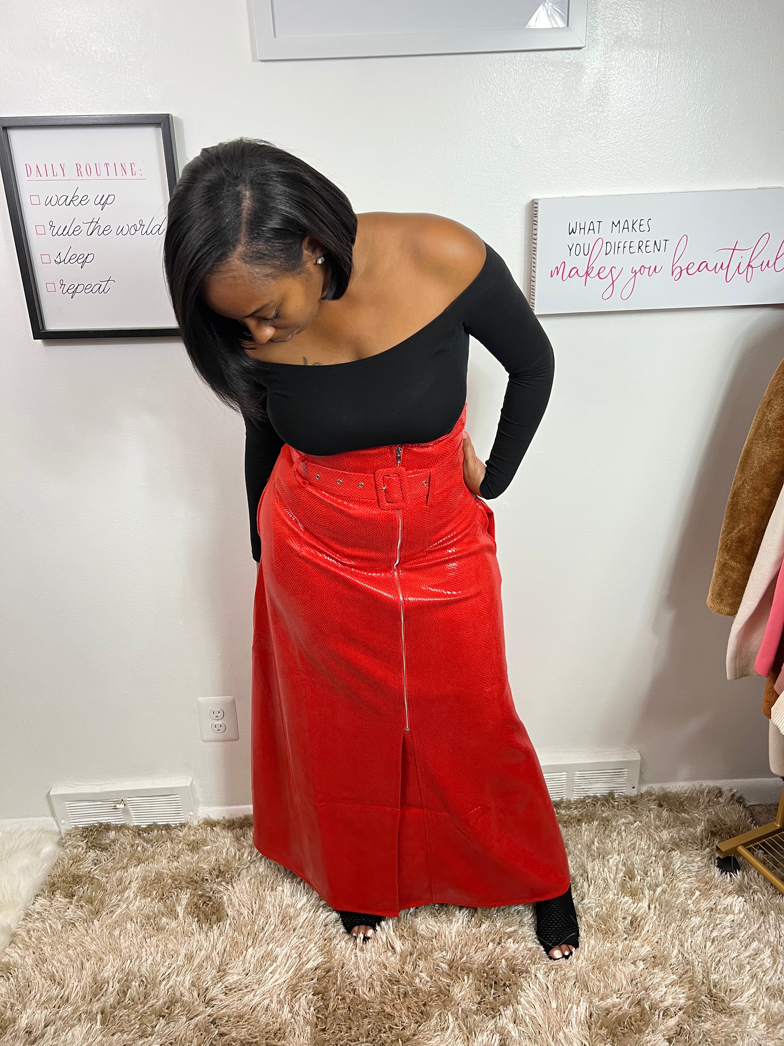 Full-length maxi skirt, perfect for pairing and making a bold statement, bright complimentary red.